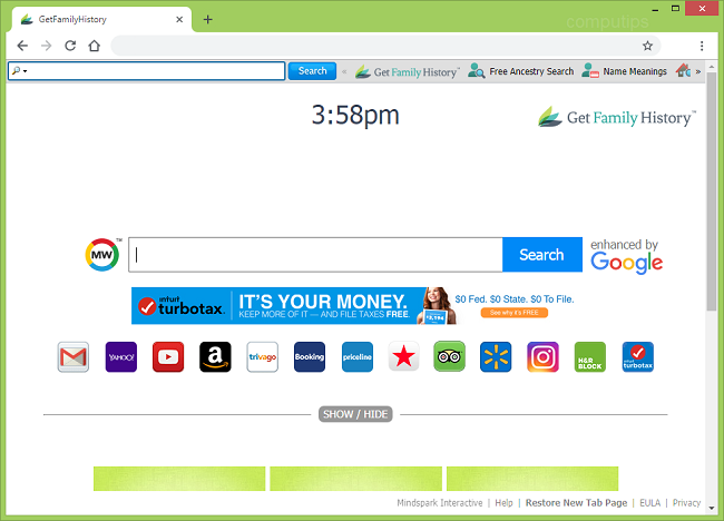 delete Get Family History new tab virus toolbar (My way virus, “enhanced by Google”) from Windows and Macbook