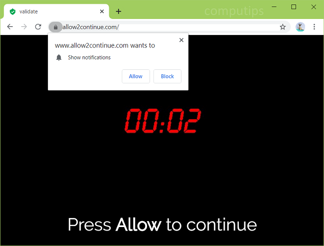 Delete allow2continue.com, www.allow2continue.com, etc. virus notifications