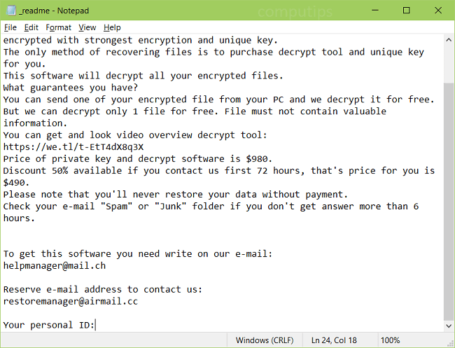 A screenshot of efdc’s ransom note: ATTENTION! Don't worry, you can return all your files!
All your files like pictures, databases, documents and other important are encrypted with strongest encryption and unique key.
The only method of recovering files is to purchase decrypt tool and unique key for you.
This software will decrypt all your encrypted files.
What guarantees you have?
You can send one of your encrypted file from your PC and we decrypt it for free.
But we can decrypt only 1 file for free. File must not contain valuable information.
You can get and look video overview decrypt tool:
https://we.tl/t-EtT4dX8q3X
Price of private key and decrypt software is $980.
Discount 50% available if you contact us first 72 hours, that's price for you is $490.
Please note that you'll never restore your data without payment.
Check your e-mail 