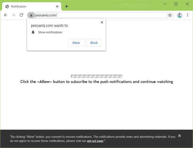 Delete pesoaniz.com virus notifications