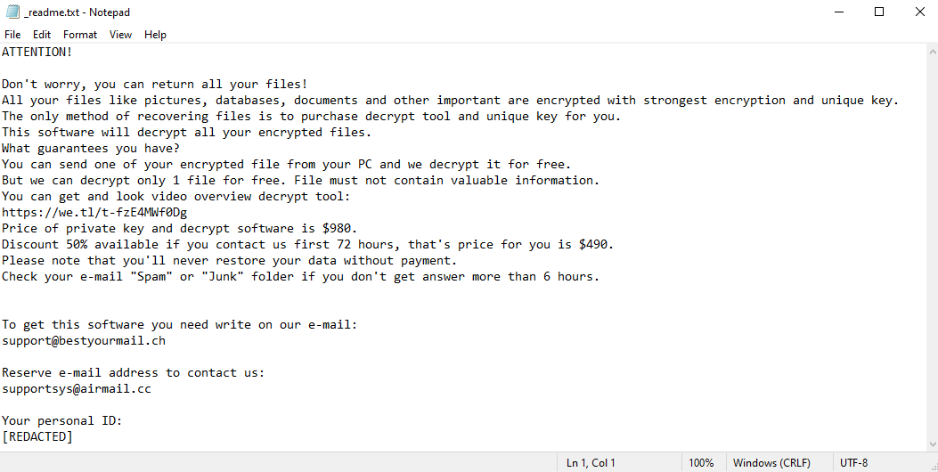 Eijy's ransom note:

ATTENTION!

Don't worry, you can return all your files!
All your files like pictures, databases, documents and other important are encrypted with strongest encryption and unique key.
The only method of recovering files is to purchase decrypt tool and unique key for you.
This software will decrypt all your encrypted files.
What guarantees you have?
You can send one of your encrypted file from your PC and we decrypt it for free.
But we can decrypt only 1 file for free. File must not contain valuable information.
You can get and look video overview decrypt tool:
https://we.tl/t-fzE4MWf0Dg
Price of private key and decrypt software is $980.
Discount 50% available if you contact us first 72 hours, that's price for you is $490.
Please note that you'll never restore your data without payment.
Check your e-mail 