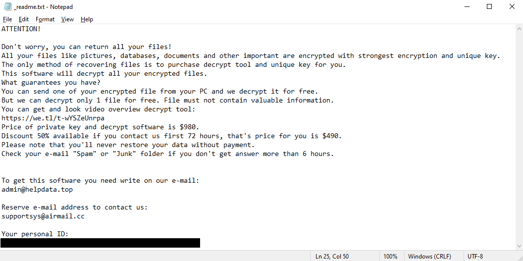 Nnuz's ransom note:
ATTENTION!

Don't worry, you can return all your files!
All your files like pictures, databases, documents and other important are encrypted with strongest encryption and unique key.
The only method of recovering files is to purchase decrypt tool and unique key for you.
This software will decrypt all your encrypted files.
What guarantees you have?
You can send one of your encrypted file from your PC and we decrypt it for free.
But we can decrypt only 1 file for free. File must not contain valuable information.
You can get and look video overview decrypt tool:
https://we.tl/t-wYSZeUnrpa
Price of private key and decrypt software is $980.
Discount 50% available if you contact us first 72 hours, that's price for you is $490.
Please note that you'll never restore your data without payment.
Check your e-mail 