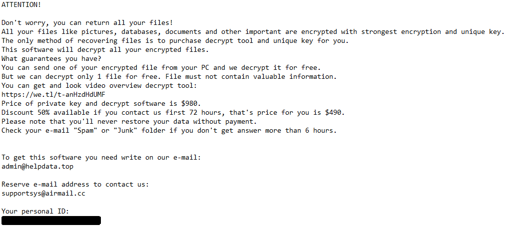 Zfdv's ransom note text:
ATTENTION!

Don't worry, you can return all your files!
All your files like pictures, databases, documents and other important are encrypted with strongest encryption and unique key.
The only method of recovering files is to purchase decrypt tool and unique key for you.
This software will decrypt all your encrypted files.
What guarantees you have?
You can send one of your encrypted file from your PC and we decrypt it for free.
But we can decrypt only 1 file for free. File must not contain valuable information.
You can get and look video overview decrypt tool:
https://we.tl/t-anHzdHdUMF
Price of private key and decrypt software is $980.
Discount 50% available if you contact us first 72 hours, that's price for you is $490.
Please note that you'll never restore your data without payment.
Check your e-mail 