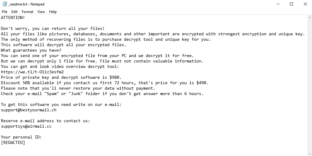 Hhuy ransom note:

ATTENTION!

Don't worry, you can return all your files!
All your files like pictures, databases, documents and other important are encrypted with strongest encryption and unique key.
The only method of recovering files is to purchase decrypt tool and unique key for you.
This software will decrypt all your encrypted files.
What guarantees you have?
You can send one of your encrypted file from your PC and we decrypt it for free.
But we can decrypt only 1 file for free. File must not contain valuable information.
You can get and look video overview decrypt tool:
https://we.tl/t-O1iz3esfm2
Price of private key and decrypt software is $980.
Discount 50% available if you contact us first 72 hours, that's price for you is $490.
Please note that you'll never restore your data without payment.
Check your e-mail 