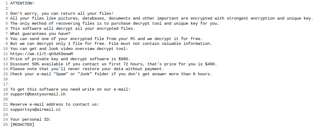 Vvew ransom note:

ATTENTION!

Don't worry, you can return all your files!
All your files like pictures, databases, documents and other important are encrypted with strongest encryption and unique key.
The only method of recovering files is to purchase decrypt tool and unique key for you.
This software will decrypt all your encrypted files.
What guarantees you have?
You can send one of your encrypted file from your PC and we decrypt it for free.
But we can decrypt only 1 file for free. File must not contain valuable information.
You can get and look video overview decrypt tool:
https://we.tl/t-qh3zK3eowM
Price of private key and decrypt software is $980.
Discount 50% available if you contact us first 72 hours, that's price for you is $490.
Please note that you'll never restore your data without payment.
Check your e-mail 