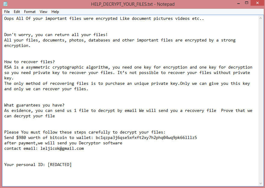 CMLOCKER ransom note:

Oops All Of your important files were encrypted Like document pictures videos etc..


Don't worry, you can return all your files!
All your files, documents, photos, databases and other important files are encrypted by a strong encryption.


How to recover files?
RSA is a asymmetric cryptographic algorithm, you need one key for encryption and one key for decryption so you need private key to recover your files. It’s not possible to recover your files without private key.
The only method of recovering files is to purchase an unique private key.Only we can give you this key and only we can recover your files.


What guarantees you have?
As evidence, you can send us 1 file to decrypt by email We will send you a recovery file  Prove that we can decrypt your file


Please You must follow these steps carefully to decrypt your files:
Send $980 worth of bitcoin to wallet: bc1qzpa3j6qse5xfxft2xy7h2phq04wq9pk66lllz5
after payment,we will send you Decryptor software
contact email: leljicok@gmail.com


Your personal ID: [REDACTED]

This is the end of the note. Below you will find a guide explaining how to remove CMLOCKER ransomware.