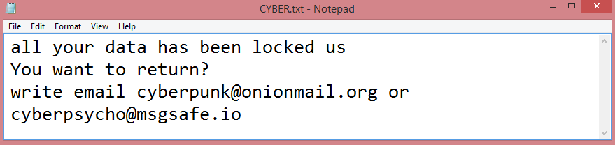 Cyberpunk ransom note:

all your data has been locked us
You want to return?
write email cyberpunk@onionmail.org or cyberpsycho@msgsafe.io

This is the end of the note. Below you will find a guide explaining how to remove Cyberpunk ransomware.