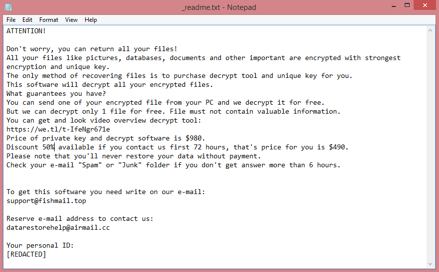 Nuis ransom note:

ATTENTION!

Don't worry, you can return all your files!
All your files like pictures, databases, documents and other important are encrypted with strongest encryption and unique key.
The only method of recovering files is to purchase decrypt tool and unique key for you.
This software will decrypt all your encrypted files.
What guarantees you have?
You can send one of your encrypted file from your PC and we decrypt it for free.
But we can decrypt only 1 file for free. File must not contain valuable information.
You can get and look video overview decrypt tool:
https://we.tl/t-IfeNgr671e
Price of private key and decrypt software is $980.
Discount 50% available if you contact us first 72 hours, that's price for you is $490.
Please note that you'll never restore your data without payment.
Check your e-mail 