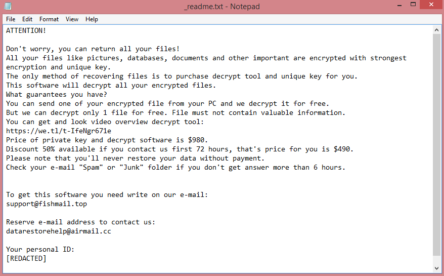 Nury ransom note:

ATTENTION!

Don't worry, you can return all your files!
All your files like pictures, databases, documents and other important are encrypted with strongest 

encryption and unique key.
The only method of recovering files is to purchase decrypt tool and unique key for you.
This software will decrypt all your encrypted files.
What guarantees you have?
You can send one of your encrypted file from your PC and we decrypt it for free.
But we can decrypt only 1 file for free. File must not contain valuable information.
You can get and look video overview decrypt tool:
https://we.tl/t-IfeNgr671e
Price of private key and decrypt software is $980.
Discount 50% available if you contact us first 72 hours, that's price for you is $490.
Please note that you'll never restore your data without payment.
Check your e-mail 