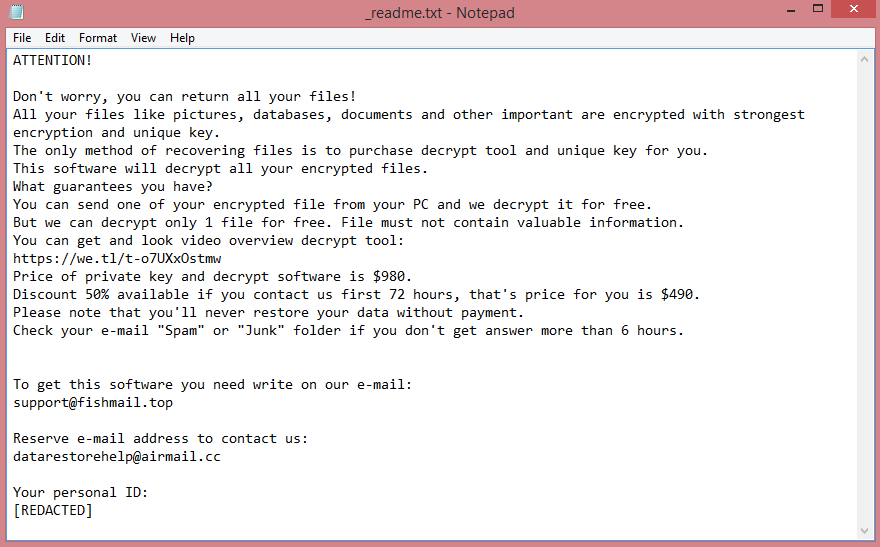 Tuow ransom note:

ATTENTION!

Don't worry, you can return all your files!
All your files like pictures, databases, documents and other important are encrypted with strongest 

encryption and unique key.
The only method of recovering files is to purchase decrypt tool and unique key for you.
This software will decrypt all your encrypted files.
What guarantees you have?
You can send one of your encrypted file from your PC and we decrypt it for free.
But we can decrypt only 1 file for free. File must not contain valuable information.
You can get and look video overview decrypt tool:
https://we.tl/t-o7UXxOstmw
Price of private key and decrypt software is $980.
Discount 50% available if you contact us first 72 hours, that's price for you is $490.
Please note that you'll never restore your data without payment.
Check your e-mail 