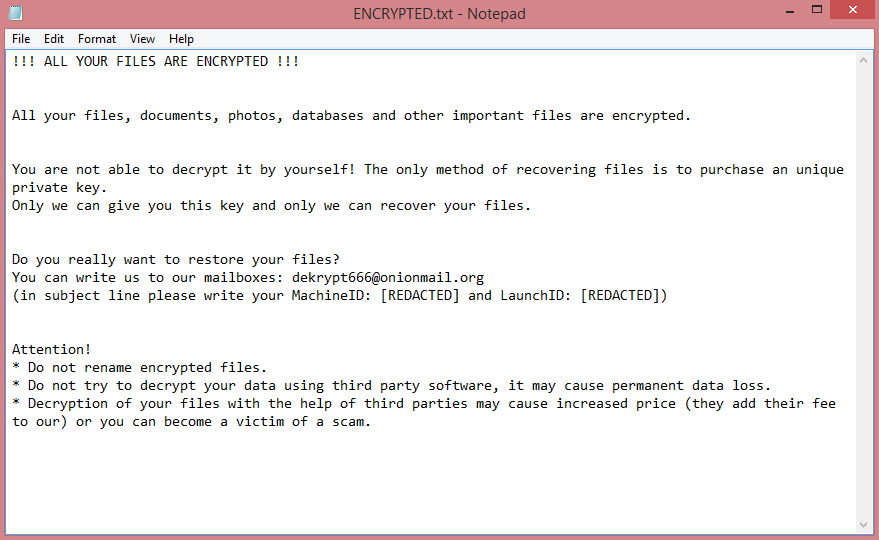 Dom ransom note:

!!! ALL YOUR FILES ARE ENCRYPTED !!!


All your files, documents, photos, databases and other important files are encrypted.


You are not able to decrypt it by yourself! The only method of recovering files is to purchase an unique 

private key.
Only we can give you this key and only we can recover your files.


Do you really want to restore your files?
You can write us to our mailboxes: dekrypt666@onionmail.org
(in subject line please write your MachineID: [REDACTED] and LaunchID: [REDACTED])


Attention!
* Do not rename encrypted files.
* Do not try to decrypt your data using third party software, it may cause permanent data loss.
* Decryption of your files with the help of third parties may cause increased price (they add their fee 

to our) or you can become a victim of a scam.

This is the end of the note. Below you will find a guide explaining how to remove Dom ransomware.
