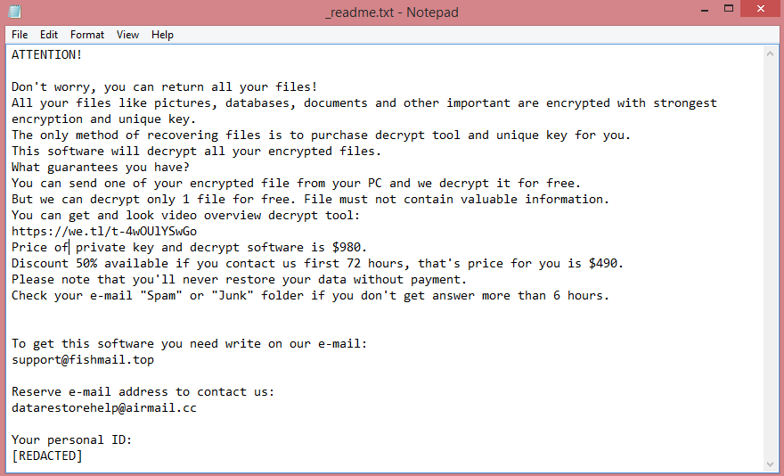 Fate ransom note:

ATTENTION!

Don't worry, you can return all your files!
All your files like pictures, databases, documents and other important are encrypted with strongest 

encryption and unique key.
The only method of recovering files is to purchase decrypt tool and unique key for you.
This software will decrypt all your encrypted files.
What guarantees you have?
You can send one of your encrypted file from your PC and we decrypt it for free.
But we can decrypt only 1 file for free. File must not contain valuable information.
You can get and look video overview decrypt tool:
https://we.tl/t-4wOUlYSwGo
Price of private key and decrypt software is $980.
Discount 50% available if you contact us first 72 hours, that's price for you is $490.
Please note that you'll never restore your data without payment.
Check your e-mail 