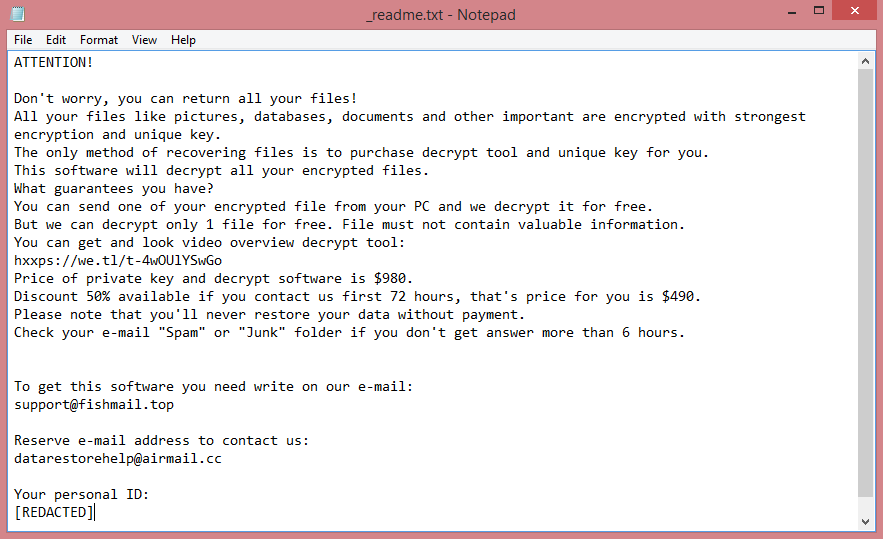 Fatp ransom note:

ATTENTION!

Don't worry, you can return all your files!
All your files like pictures, databases, documents and other important are encrypted with strongest 

encryption and unique key.
The only method of recovering files is to purchase decrypt tool and unique key for you.
This software will decrypt all your encrypted files.
What guarantees you have?
You can send one of your encrypted file from your PC and we decrypt it for free.
But we can decrypt only 1 file for free. File must not contain valuable information.
You can get and look video overview decrypt tool:
hxxps://we.tl/t-4wOUlYSwGo
Price of private key and decrypt software is $980.
Discount 50% available if you contact us first 72 hours, that's price for you is $490.
Please note that you'll never restore your data without payment.
Check your e-mail 