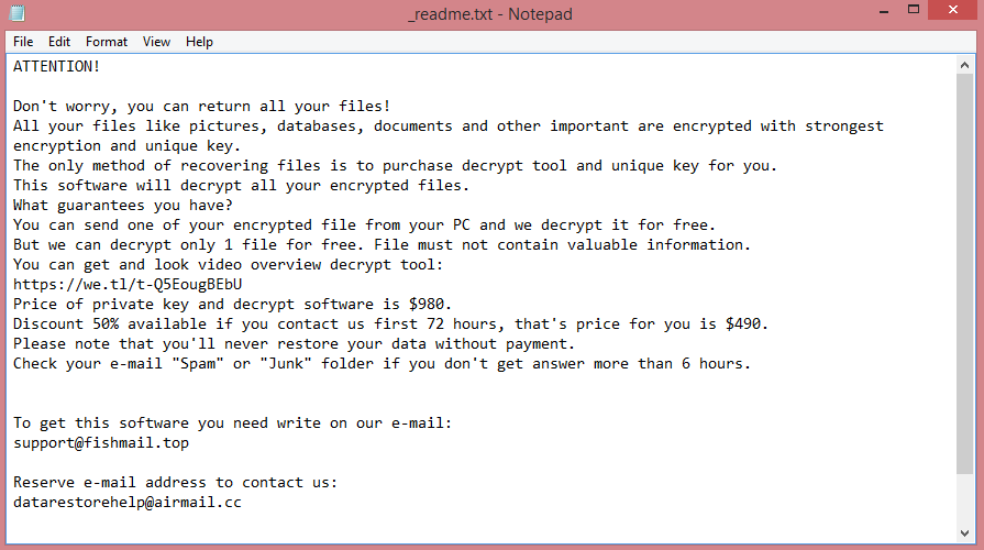 Bttu ransom note:

ATTENTION!

Don't worry, you can return all your files!
All your files like pictures, databases, documents and other important are encrypted with strongest 

encryption and unique key.
The only method of recovering files is to purchase decrypt tool and unique key for you.
This software will decrypt all your encrypted files.
What guarantees you have?
You can send one of your encrypted file from your PC and we decrypt it for free.
But we can decrypt only 1 file for free. File must not contain valuable information.
You can get and look video overview decrypt tool:
https://we.tl/t-Q5EougBEbU
Price of private key and decrypt software is $980.
Discount 50% available if you contact us first 72 hours, that's price for you is $490.
Please note that you'll never restore your data without payment.
Check your e-mail 