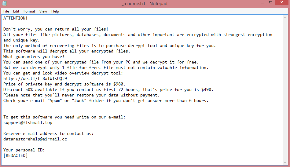 Mppn ransom note:

ATTENTION!

Don't worry, you can return all your files!
All your files like pictures, databases, documents and other important are encrypted with strongest encryption 

and unique key.
The only method of recovering files is to purchase decrypt tool and unique key for you.
This software will decrypt all your encrypted files.
What guarantees you have?
You can send one of your encrypted file from your PC and we decrypt it for free.
But we can decrypt only 1 file for free. File must not contain valuable information.
You can get and look video overview decrypt tool:
https://we.tl/t-8aIWIsUQt9
Price of private key and decrypt software is $980.
Discount 50% available if you contact us first 72 hours, that's price for you is $490.
Please note that you'll never restore your data without payment.
Check your e-mail 