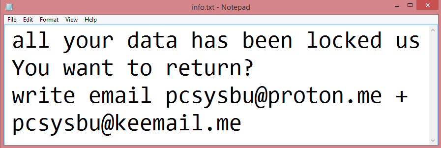 SBU ransom note:

all your data has been locked us
You want to return?
write email pcsysbu@proton.me + pcsysbu@keemail.me

This is the end of the note. Below you will find a guide explaining how to remove SBU ransomware.