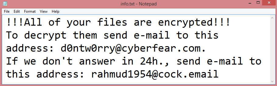 Worry ransom note:

!!!All of your files are encrypted!!!
To decrypt them send e-mail to this address: d0ntw0rry@cyberfear.com.
If we don't answer in 24h., send e-mail to this address: rahmud1954@cock.email

This is the end of the note. Below you will find a guide explaining how to remove Worry ransomware.