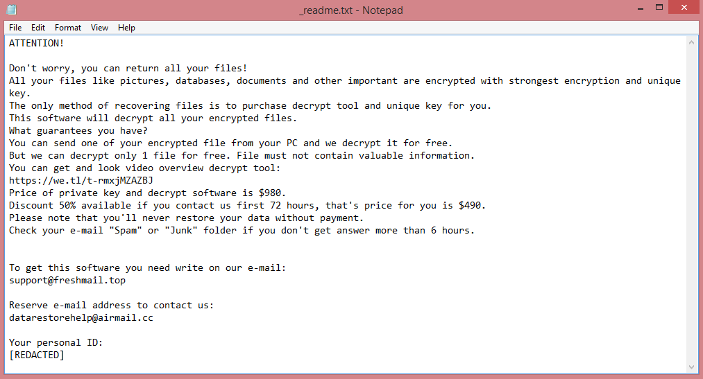 Bpto ransom note:

ATTENTION!

Don't worry, you can return all your files!
All your files like pictures, databases, documents and other important are encrypted with strongest encryption and unique key.
The only method of recovering files is to purchase decrypt tool and unique key for you.
This software will decrypt all your encrypted files.
What guarantees you have?
You can send one of your encrypted file from your PC and we decrypt it for free.
But we can decrypt only 1 file for free. File must not contain valuable information.
You can get and look video overview decrypt tool:
https://we.tl/t-rmxjMZAZBJ
Price of private key and decrypt software is $980.
Discount 50% available if you contact us first 72 hours, that's price for you is $490.
Please note that you'll never restore your data without payment.
Check your e-mail 