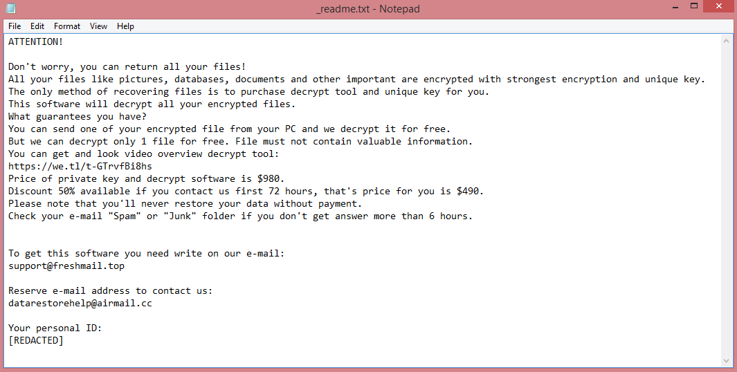 Poqw ransom note:

ATTENTION!

Don't worry, you can return all your files!
All your files like pictures, databases, documents and other important are encrypted with strongest encryption and unique key.
The only method of recovering files is to purchase decrypt tool and unique key for you.
This software will decrypt all your encrypted files.
What guarantees you have?
You can send one of your encrypted file from your PC and we decrypt it for free.
But we can decrypt only 1 file for free. File must not contain valuable information.
You can get and look video overview decrypt tool:
https://we.tl/t-GTrvfBi8hs
Price of private key and decrypt software is $980.
Discount 50% available if you contact us first 72 hours, that's price for you is $490.
Please note that you'll never restore your data without payment.
Check your e-mail 