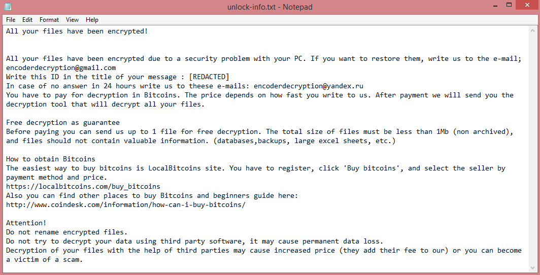 RYKCRYPT ransom note:

All your files have been encrypted!


All your files have been encrypted due to a security problem with your PC. If you want to restore them, write us to the e-mail; encoderdecryption@gmail.com
Write this ID in the title of your message : [REDACTED]
In case of no answer in 24 hours write us to theese e-mails: encoderdecryption@yandex.ru
You have to pay for decryption in Bitcoins. The price depends on how fast you write to us. After payment we will send you the decryption tool that will decrypt all your files.

Free decryption as guarantee
Before paying you can send us up to 1 file for free decryption. The total size of files must be less than 1Mb (non archived), and files should not contain valuable information. (databases,backups, large excel sheets, etc.)

How to obtain Bitcoins
The easiest way to buy bitcoins is LocalBitcoins site. You have to register, click 'Buy bitcoins', and select the seller by payment method and price.
https://localbitcoins.com/buy_bitcoins
Also you can find other places to buy Bitcoins and beginners guide here:
http://www.coindesk.com/information/how-can-i-buy-bitcoins/

Attention!
Do not rename encrypted files.
Do not try to decrypt your data using third party software, it may cause permanent data loss.
Decryption of your files with the help of third parties may cause increased price (they add their fee to our) or you can become a victim of a scam.

This is the end of the note. Below you will find a guide explaining how to remove RYKCRYPT ransomware.