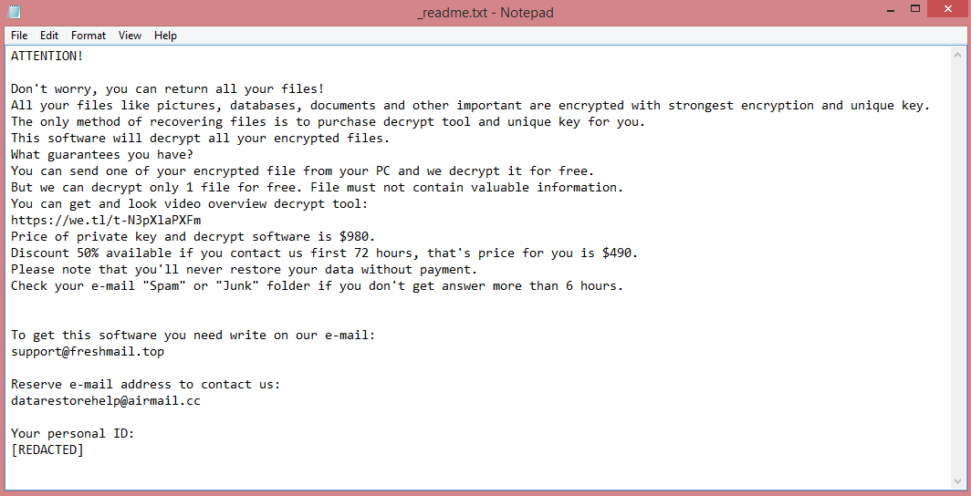 Zoqw ransom note:

ATTENTION!

Don't worry, you can return all your files!
All your files like pictures, databases, documents and other important are encrypted with strongest encryption and unique key.
The only method of recovering files is to purchase decrypt tool and unique key for you.
This software will decrypt all your encrypted files.
What guarantees you have?
You can send one of your encrypted file from your PC and we decrypt it for free.
But we can decrypt only 1 file for free. File must not contain valuable information.
You can get and look video overview decrypt tool:
https://we.tl/t-N3pXlaPXFm
Price of private key and decrypt software is $980.
Discount 50% available if you contact us first 72 hours, that's price for you is $490.
Please note that you'll never restore your data without payment.
Check your e-mail 