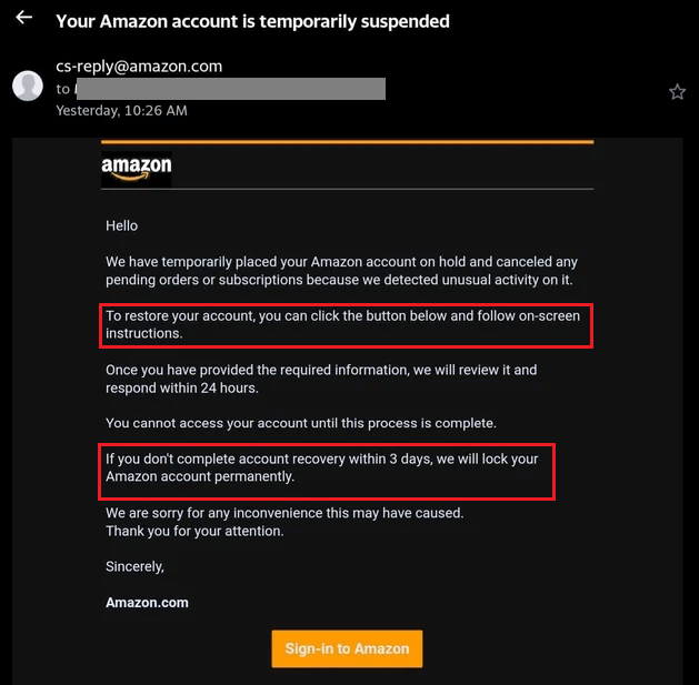fake 'your Amazon is temporarily suspended' email