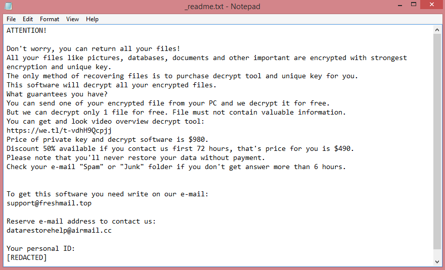 Iowd ransom note:

ATTENTION!

Don't worry, you can return all your files!
All your files like pictures, databases, documents and other important are encrypted with strongest 

encryption and unique key.
The only method of recovering files is to purchase decrypt tool and unique key for you.
This software will decrypt all your encrypted files.
What guarantees you have?
You can send one of your encrypted file from your PC and we decrypt it for free.
But we can decrypt only 1 file for free. File must not contain valuable information.
You can get and look video overview decrypt tool:
https://we.tl/t-vdhH9Qcpjj
Price of private key and decrypt software is $980.
Discount 50% available if you contact us first 72 hours, that's price for you is $490.
Please note that you'll never restore your data without payment.
Check your e-mail 