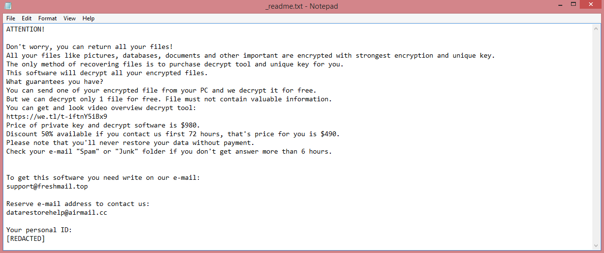 Qotr ransom note:

ATTENTION!

Don't worry, you can return all your files!
All your files like pictures, databases, documents and other important are encrypted with strongest encryption and unique key.
The only method of recovering files is to purchase decrypt tool and unique key for you.
This software will decrypt all your encrypted files.
What guarantees you have?
You can send one of your encrypted file from your PC and we decrypt it for free.
But we can decrypt only 1 file for free. File must not contain valuable information.
You can get and look video overview decrypt tool:
https://we.tl/t-iftnY5iBx9
Price of private key and decrypt software is $980.
Discount 50% available if you contact us first 72 hours, that's price for you is $490.
Please note that you'll never restore your data without payment.
Check your e-mail 