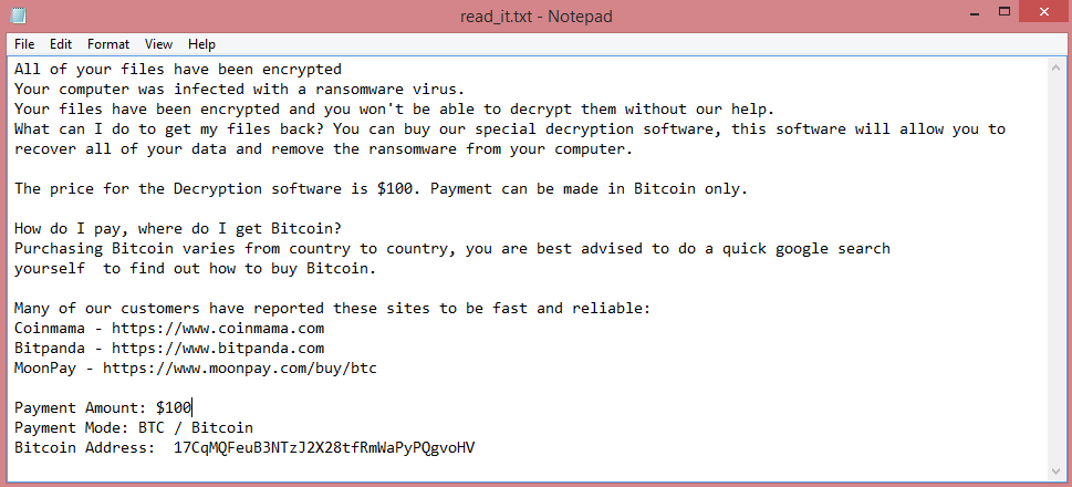 Sus ransom note:

All of your files have been encrypted
Your computer was infected with a ransomware virus.
Your files have been encrypted and you won't be able to decrypt them without our help.
What can I do to get my files back? You can buy our special decryption software, this software will allow you to recover all of your data and remove the ransomware from your computer.

The price for the Decryption software is $100. Payment can be made in Bitcoin only.

How do I pay, where do I get Bitcoin?
Purchasing Bitcoin varies from country to country, you are best advised to do a quick google search
yourself  to find out how to buy Bitcoin.

Many of our customers have reported these sites to be fast and reliable:
Coinmama - https://www.coinmama.com
Bitpanda - https://www.bitpanda.com
MoonPay - https://www.moonpay.com/buy/btc

Payment Amount: $100
Payment Mode: BTC / Bitcoin
Bitcoin Address:  17CqMQFeuB3NTzJ2X28tfRmWaPyPQgvoHV

This is the end of the note. The guide below will explain how to remove Sus ransomware and decrypt .sus files.