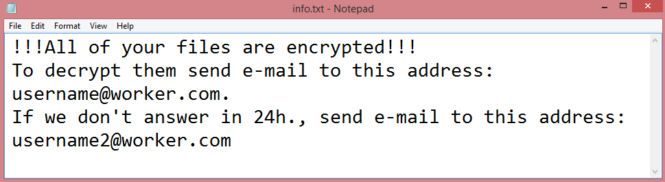 Usr ransom note:

!!!All of your files are encrypted!!!
To decrypt them send e-mail to this address: username@worker.com.
If we don't answer in 24h., send e-mail to this address: username2@worker.com 

This is the end of the note. Below you will find a guide explaining how to remove Usr ransomware.