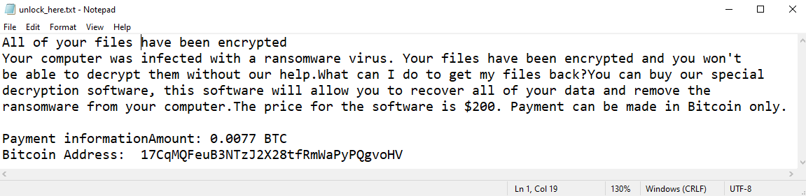 DVN ransom note:

All of your files have been encrypted
Your computer was infected with a ransomware virus. Your files have been encrypted and you won't
be able to decrypt them without our help.What can I do to get my files back?You can buy our special
decryption software, this software will allow you to recover all of your data and remove the
ransomware from your computer.The price for the software is $200. Payment can be made in Bitcoin only.

Payment informationAmount: 0.0077 BTC
Bitcoin Address:  17CqMQFeuB3NTzJ2X28tfRmWaPyPQgvoHV

This is the end of the note. Below you will find a guide explaining how to remove DVN ransomware and decrypt .devinn files.