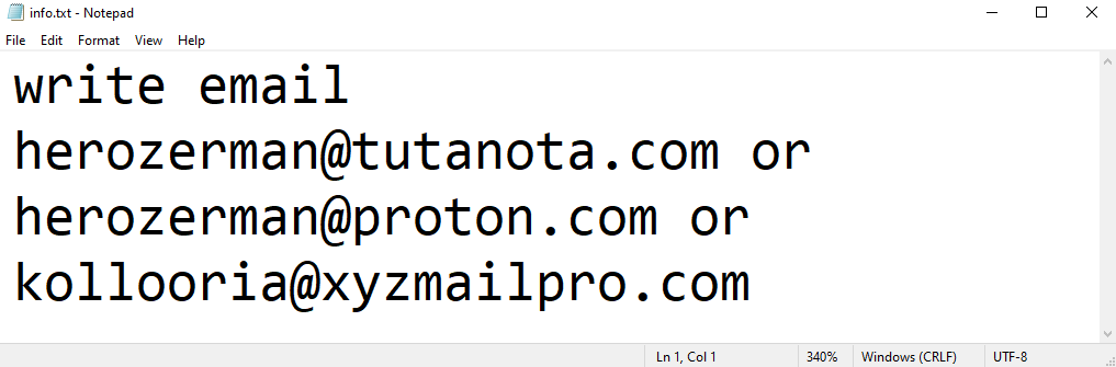 H3r ransom note:

write email herozerman@tutanota.com or herozerman@proton.com or kollooria@xyzmailpro.com

This is the end of the note. Below you will find a guide explaining how to remove H3r ransomware and decrypt .h3r files.