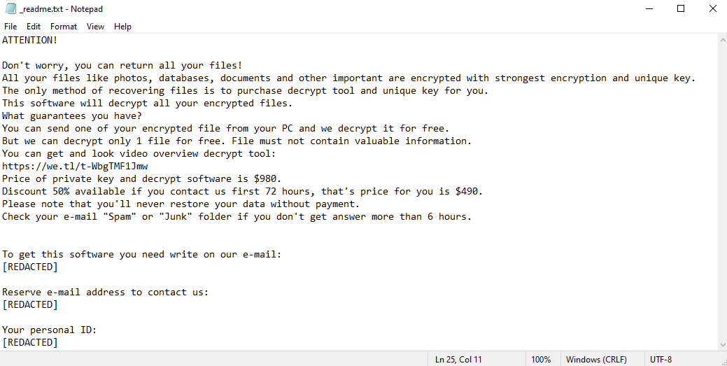 Neon ransom note:

ATTENTION!

Don't worry, you can return all your files!
All your files like photos, databases, documents and other important are encrypted with strongest encryption and unique key.
The only method of recovering files is to purchase decrypt tool and unique key for you.
This software will decrypt all your encrypted files.
What guarantees you have?
You can send one of your encrypted file from your PC and we decrypt it for free.
But we can decrypt only 1 file for free. File must not contain valuable information.
You can get and look video overview decrypt tool:
https://we.tl/t-WbgTMF1Jmw
Price of private key and decrypt software is $980.
Discount 50% available if you contact us first 72 hours, that's price for you is $490.
Please note that you'll never restore your data without payment.
Check your e-mail 